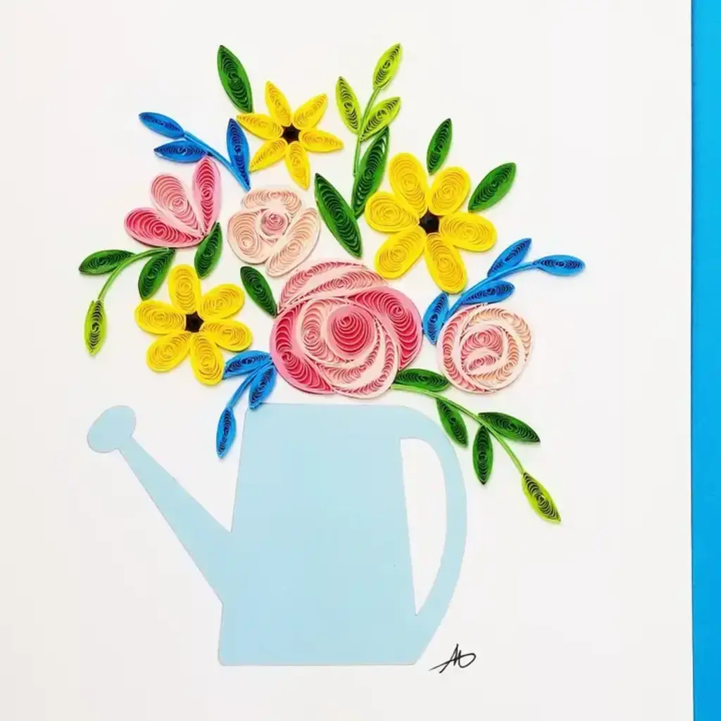 Quilling Greeting Card Flowers Watering Can