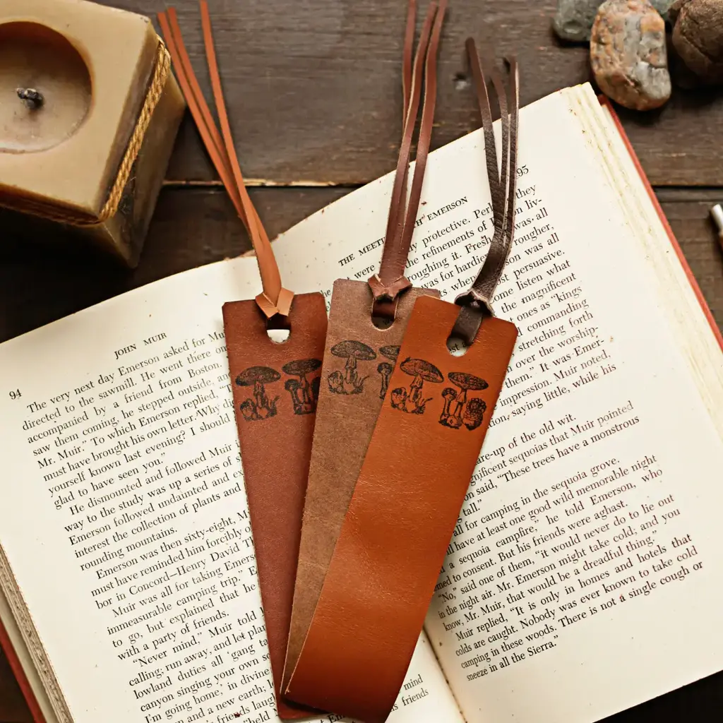 Wayfaring Goods Leather Bookmark - Mushrooms