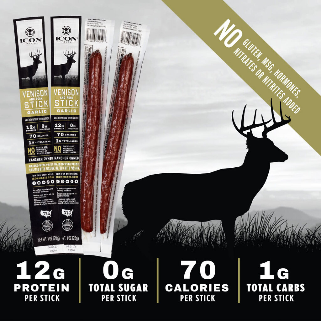 Icon Meats Venison and Pork Snack Stick - Garlic (Individual)