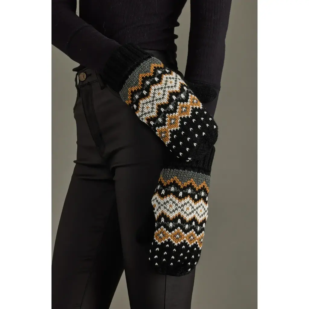 Black, White, Mustard & Blue Patterned Mittens