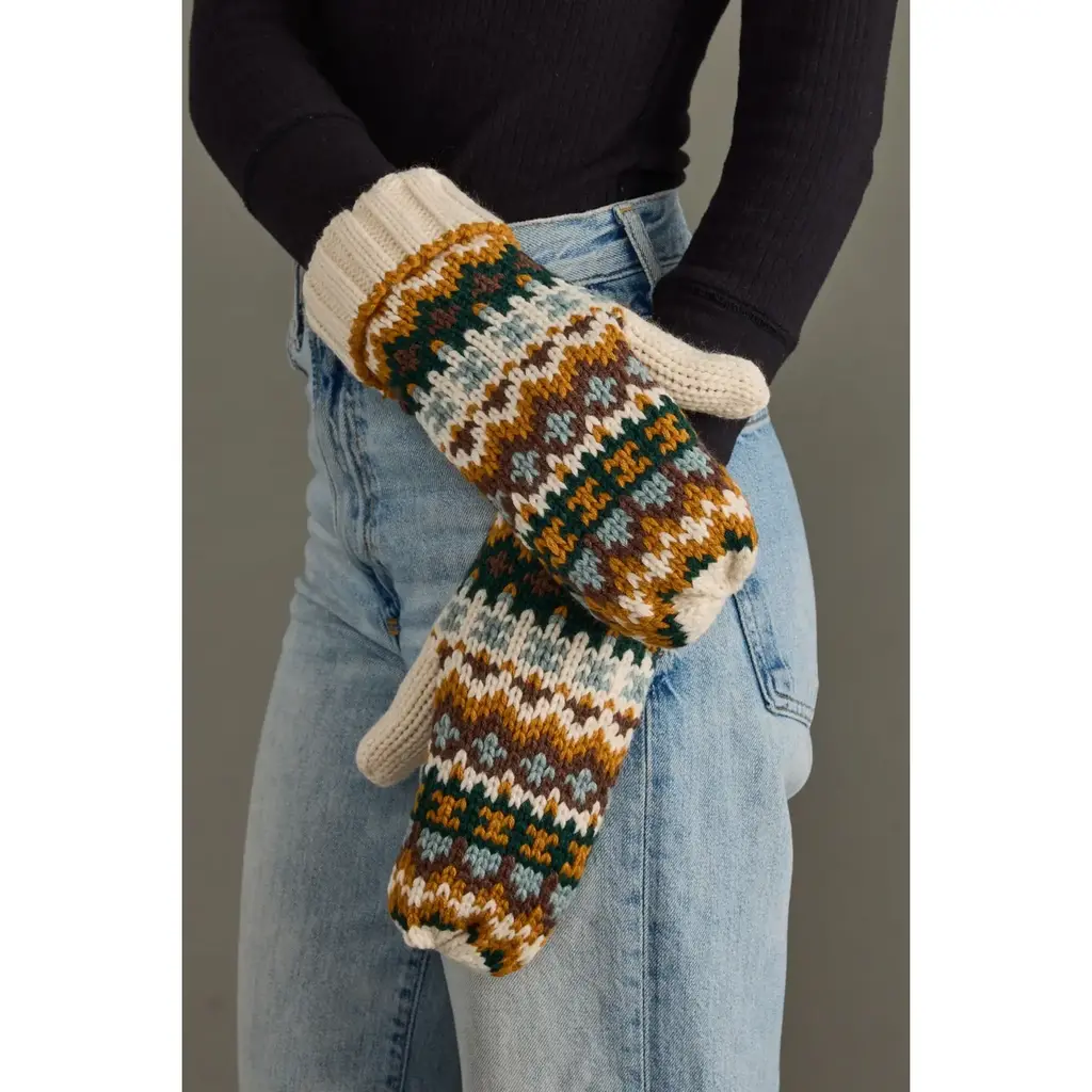 Cream & Multicolored Patterned Mittens