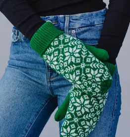 Green & White Snowflake Knit Mittens