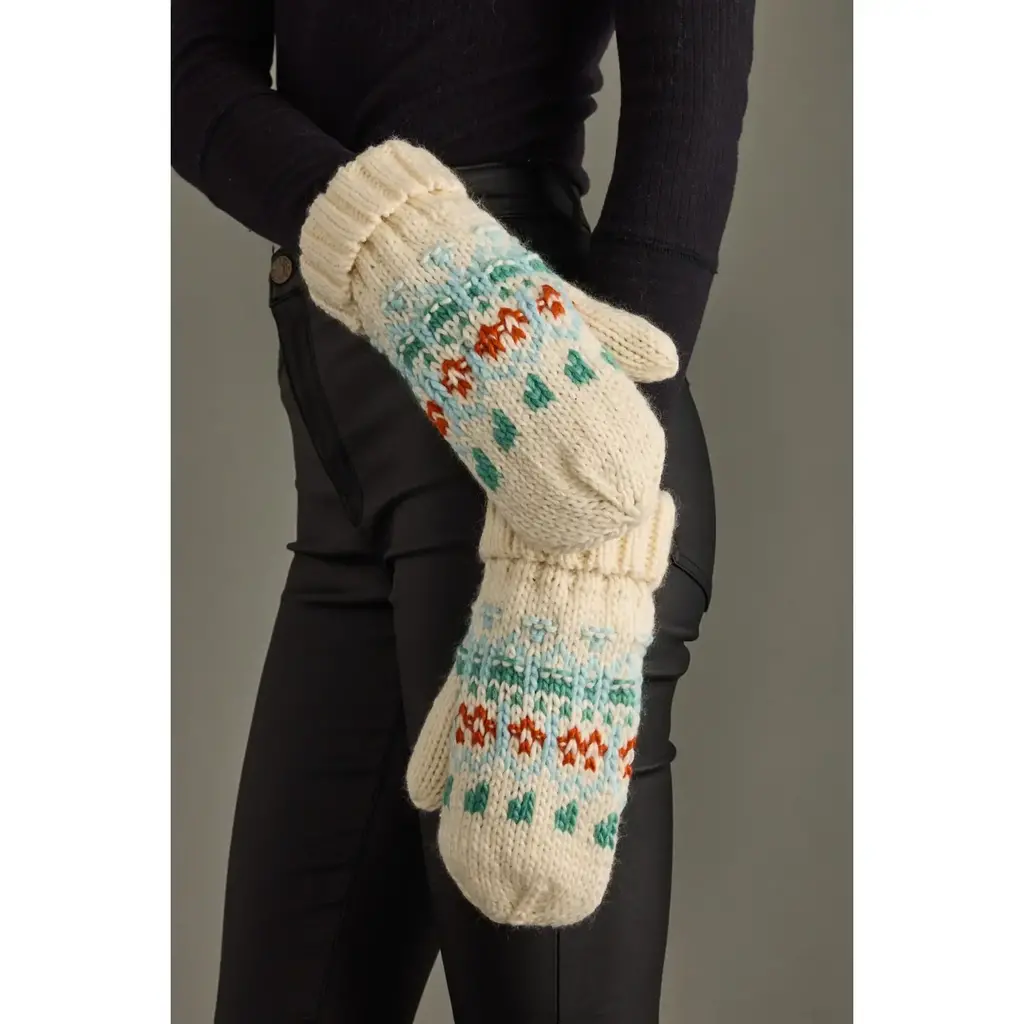 Ivory, Lt. Blue, Mint & Orange Patterned Mittens