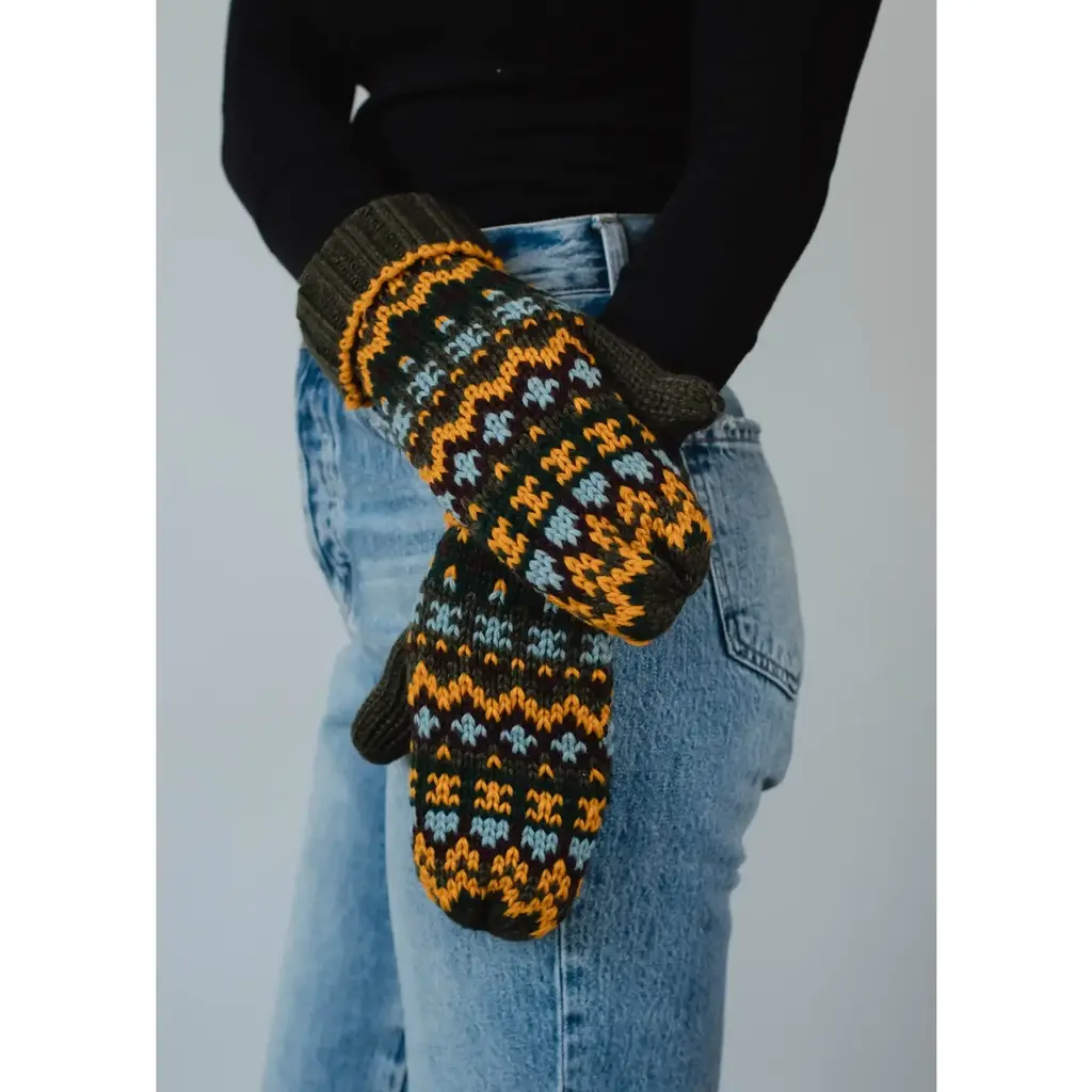 Olive & Multicolored Patterned Mittens