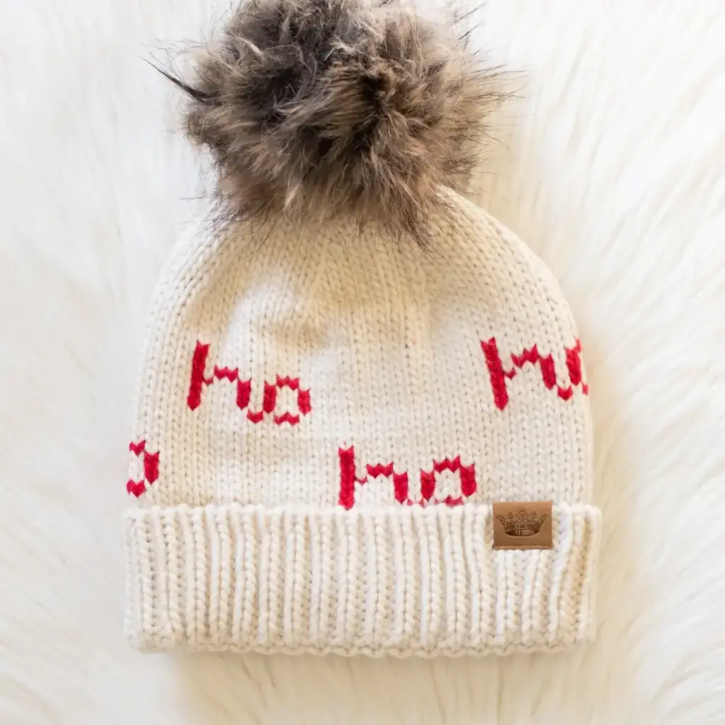 Beige & Red Ho Ho Ho Pom Hat