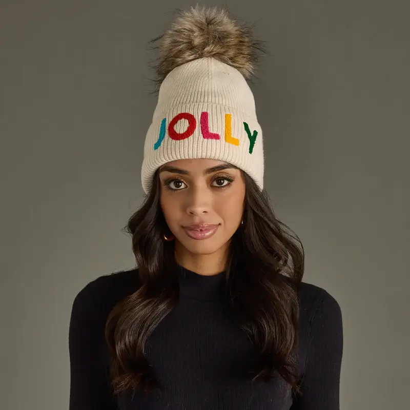 Beige Jolly Knit Pom Hat