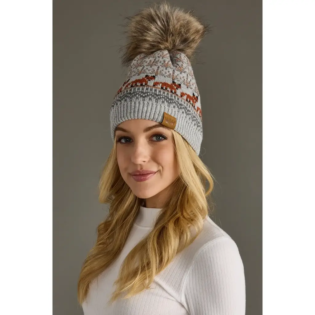 Gray Fox Pattern Pom Hat