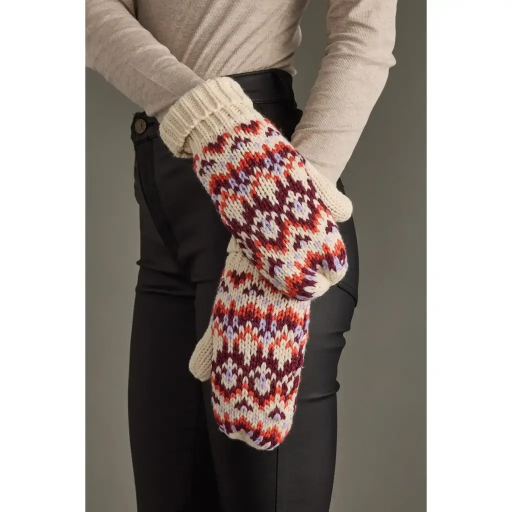 Beige, Lilac & Orange Patterned Mittens