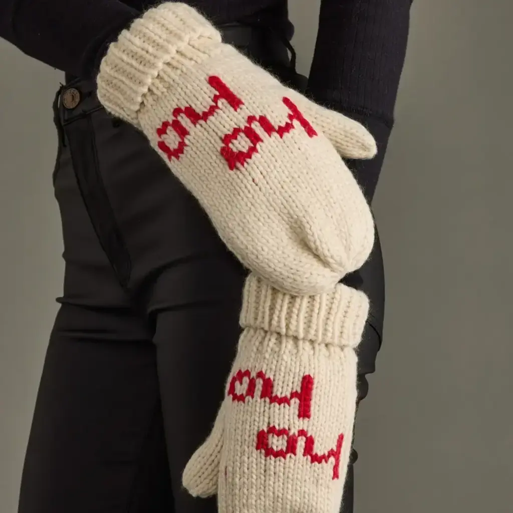 Beige & Red Ho Ho Ho Mittens