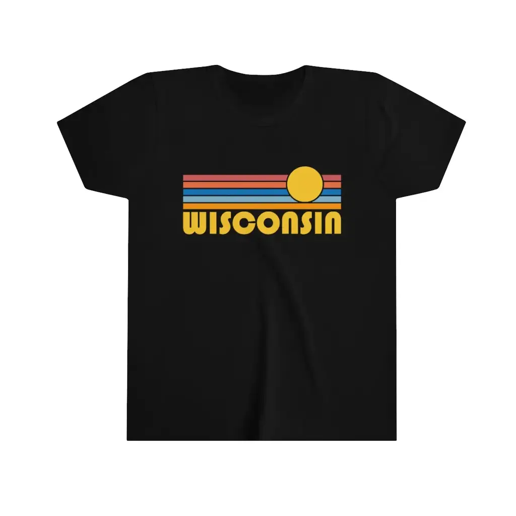 Hey Mountains Large Wisconsin Youth T-Shirt - Retro Sun Wisconsin (Black)