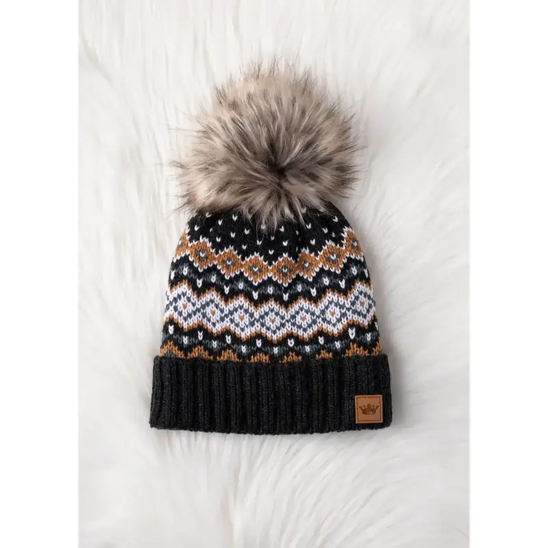 Panache (Faire) Gray, White, Mustard & Blue Patterned Pom Hat