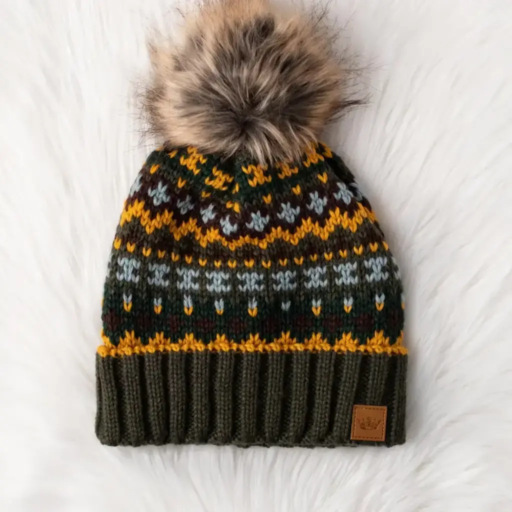 Panache (Faire) Olive & Multicolored Patterned Pom Hat