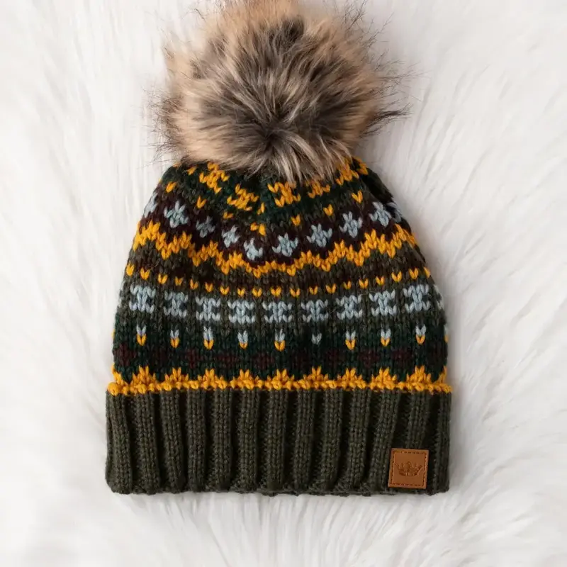 Panache (Faire) Olive & Multicolored Patterned Pom Hat