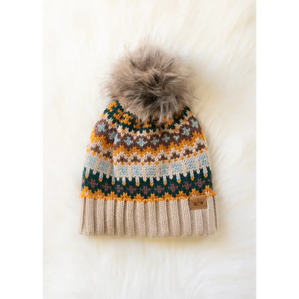 Panache (Faire) Taupe & Multicolored Patterned Pom Hat