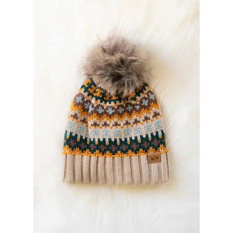 Panache (Faire) Taupe & Multicolored Patterned Pom Hat
