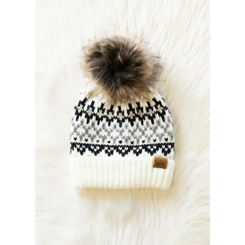 Panache (Faire) Ivory, Gray & Tan Winter Pattern Pom Hat