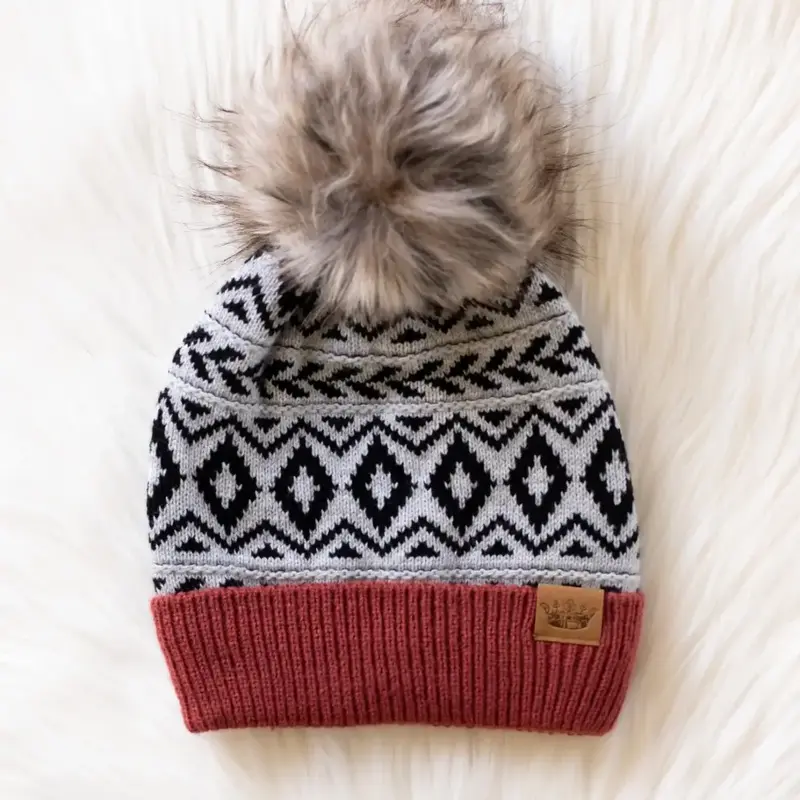 Panache (Faire) Gray, Black & Rust Pattern Pom Hat