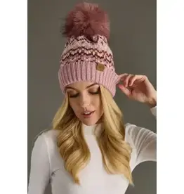 Panache (Faire) Pink, White & Rust Patterned Pom Hat