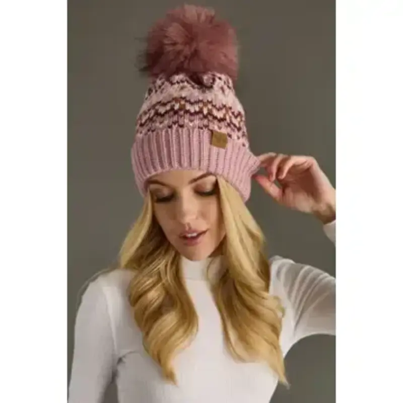 Panache (Faire) Pink, White & Rust Patterned Pom Hat