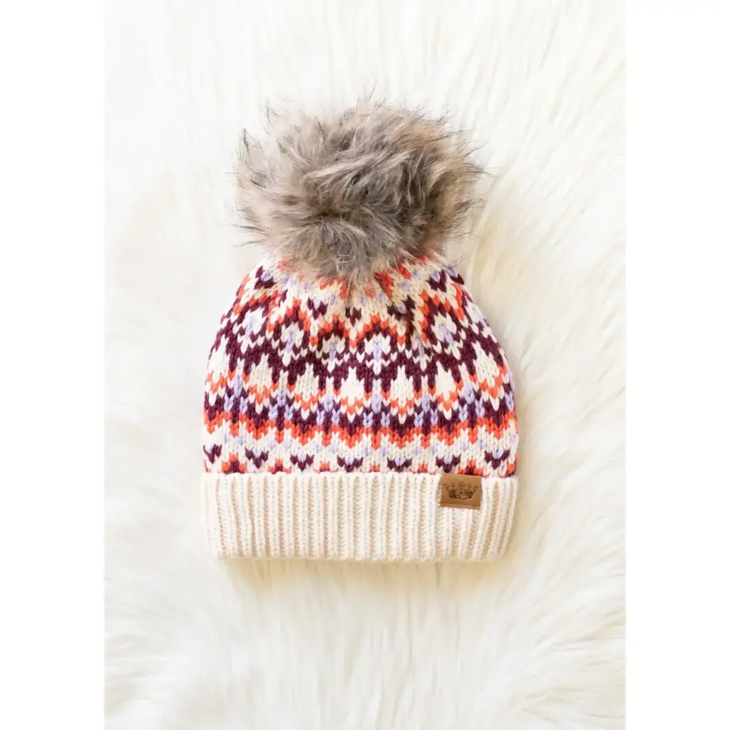 Panache (Faire) Beige, Lilac & Orange Patterned Pom Hat