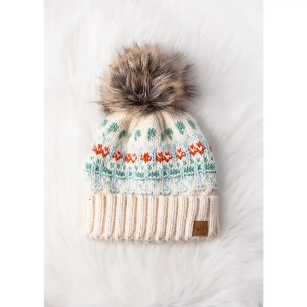 Panache (Faire) Ivory, Lt. Blue, Mint & Orange Patterned Pom Hat