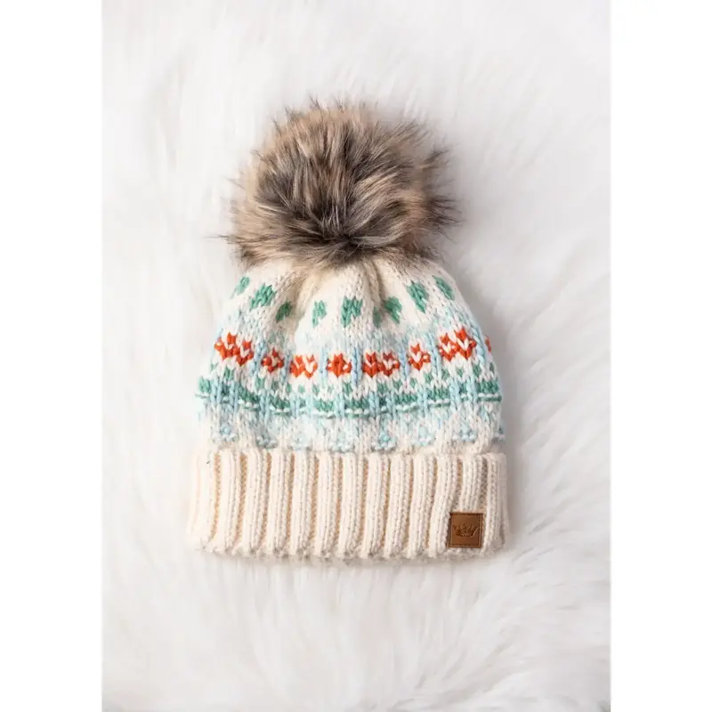 Panache (Faire) Ivory, Lt. Blue, Mint & Orange Patterned Pom Hat
