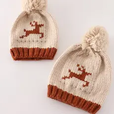 Beige Pompom Reindeer Cable Beanie (Baby)