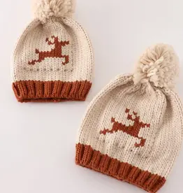 Beige Pompom Reindeer Cable Beanie (Baby)