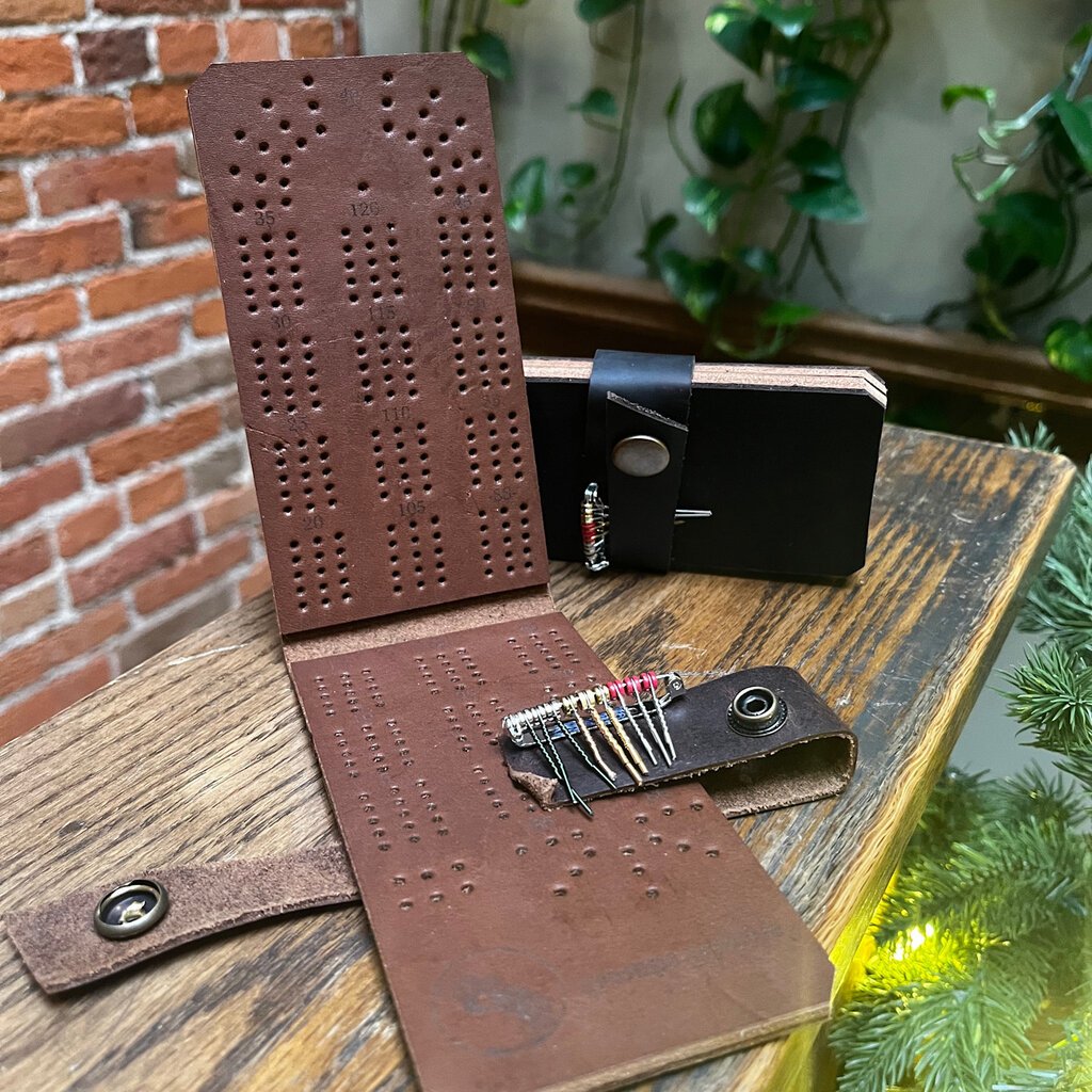 Gramps Creative 3 Player Leather Travel Cribbage Board