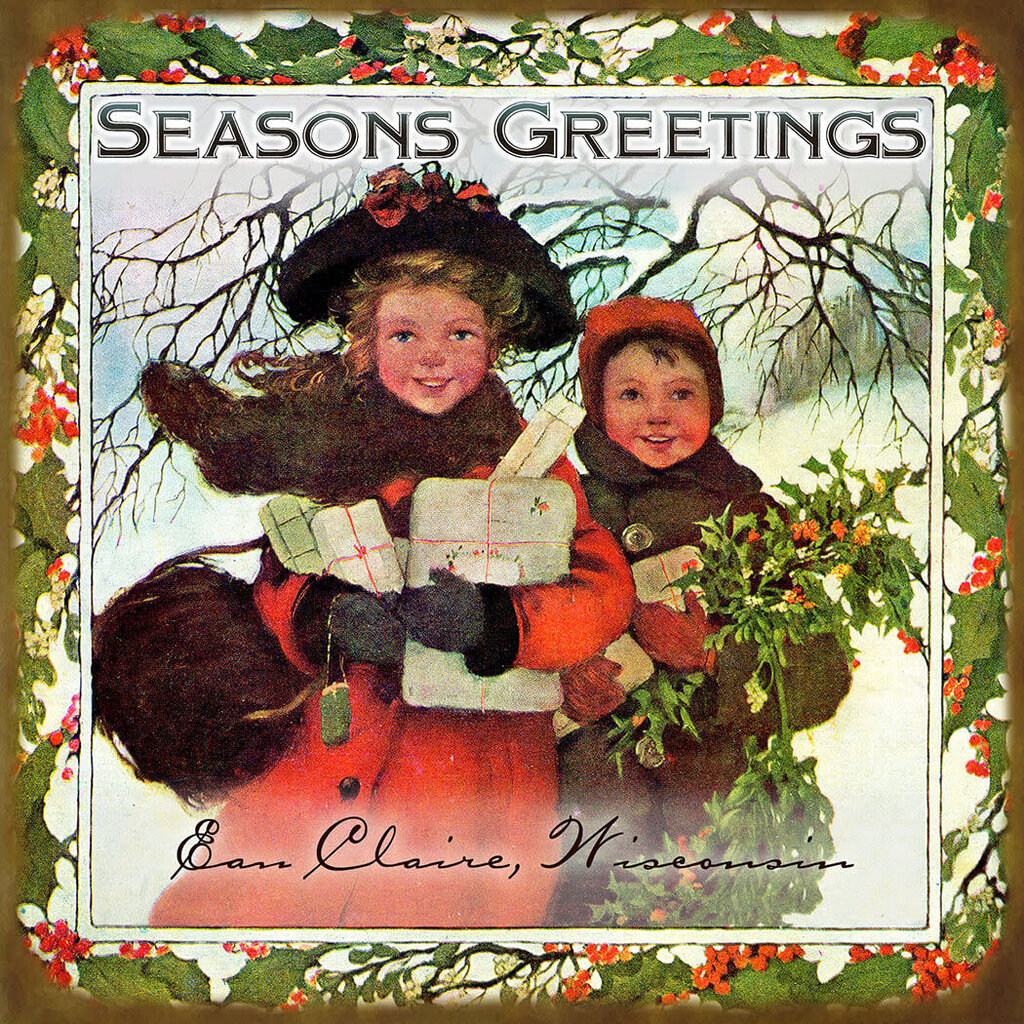 Volume One Seasons Greetings Children Wood Sign — Eau Claire, Wisconsin (18x18)
