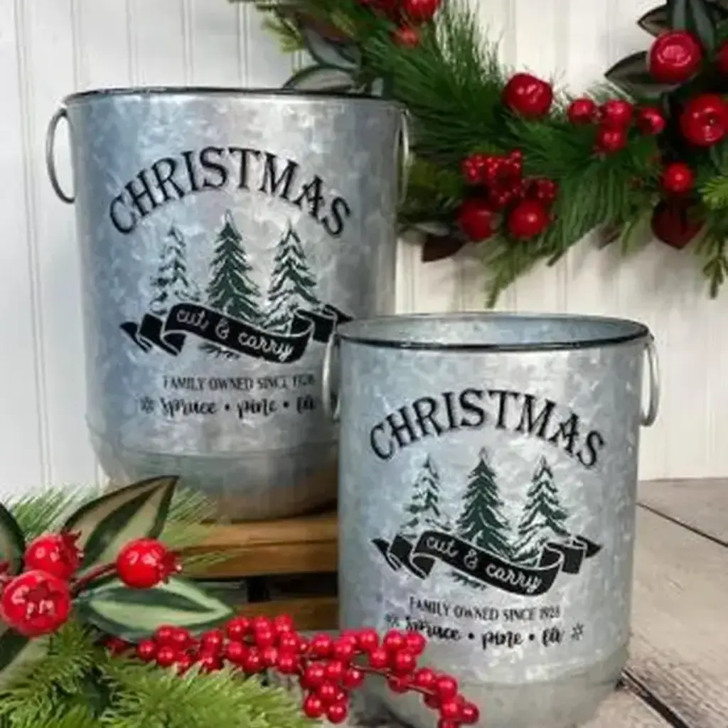 Christmas Cut & Carry Metal Bucket W/Ring Handles (Set of 2)