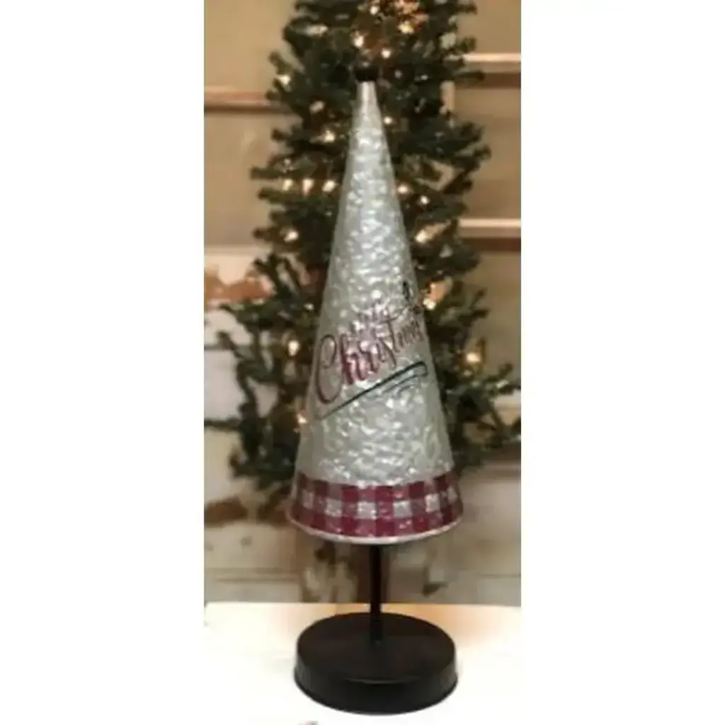 Merry Christmas Red Check Metal Cone Tree