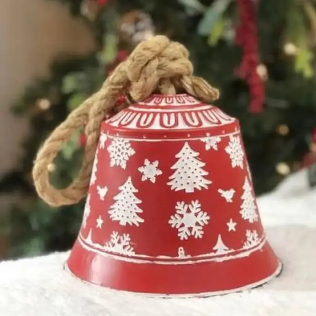 DNS Designs White Trees/Snowflake Red Bell with Rope Hanger