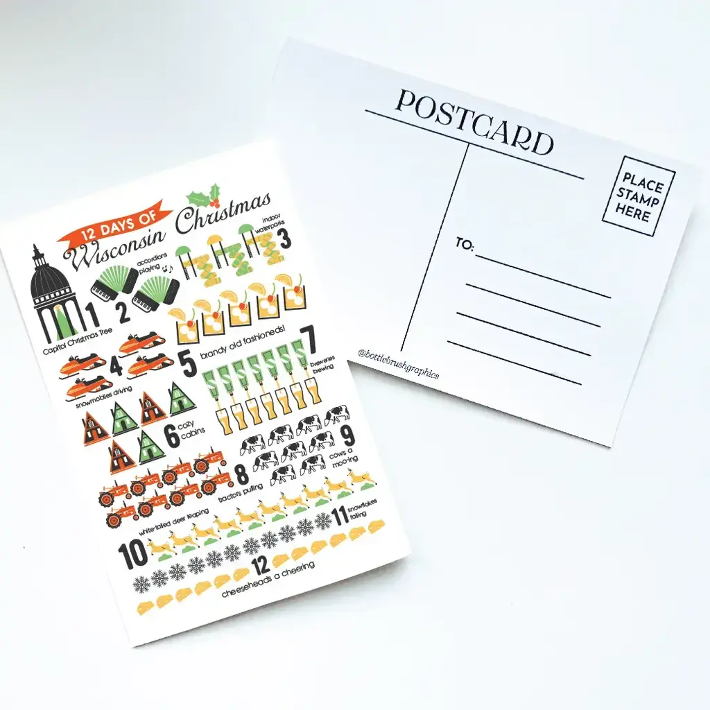 Bottlebrush Graphics 12 Days of Wisconsin Christmas Postcard