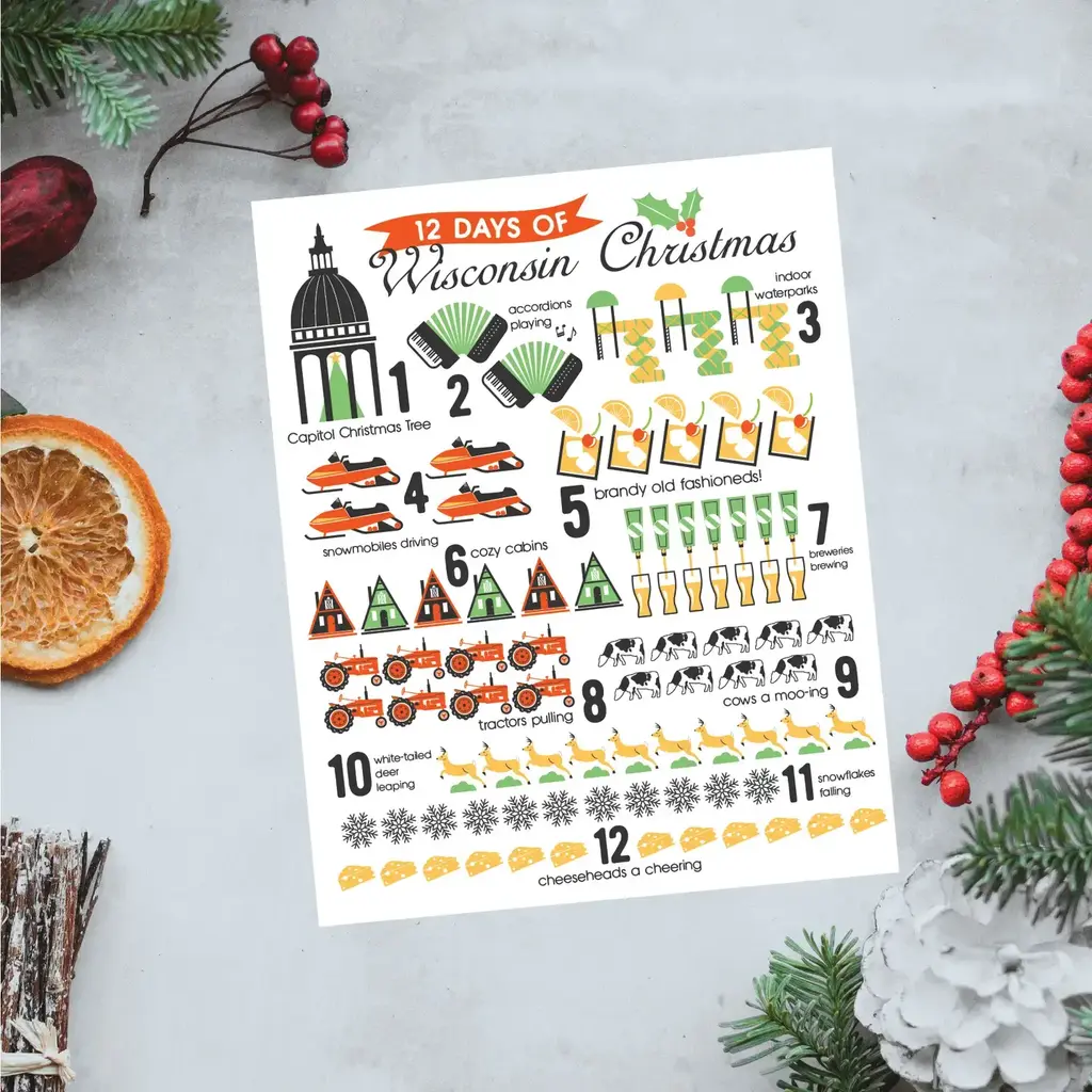 Bottlebrush Graphics 12 Days of Wisconsin Christmas Print 8x10