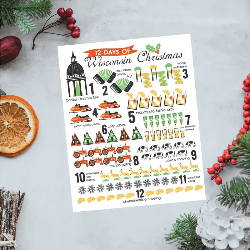 Bottlebrush Graphics 12 Days of Wisconsin Christmas Print 8x10