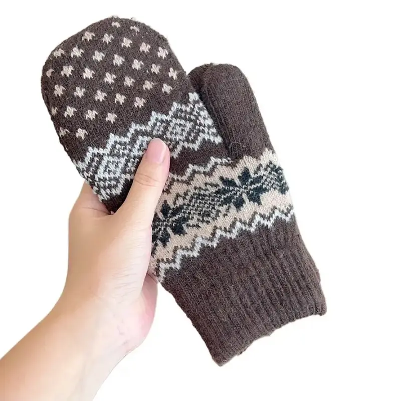 Gloving - Unisex Warm Snowflake Knit Mittens - Brown