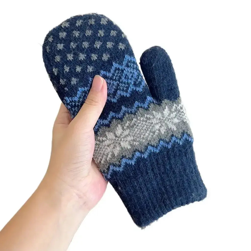 Gloving - Unisex Warm Snowflake Knit Mittens - Navy Blue