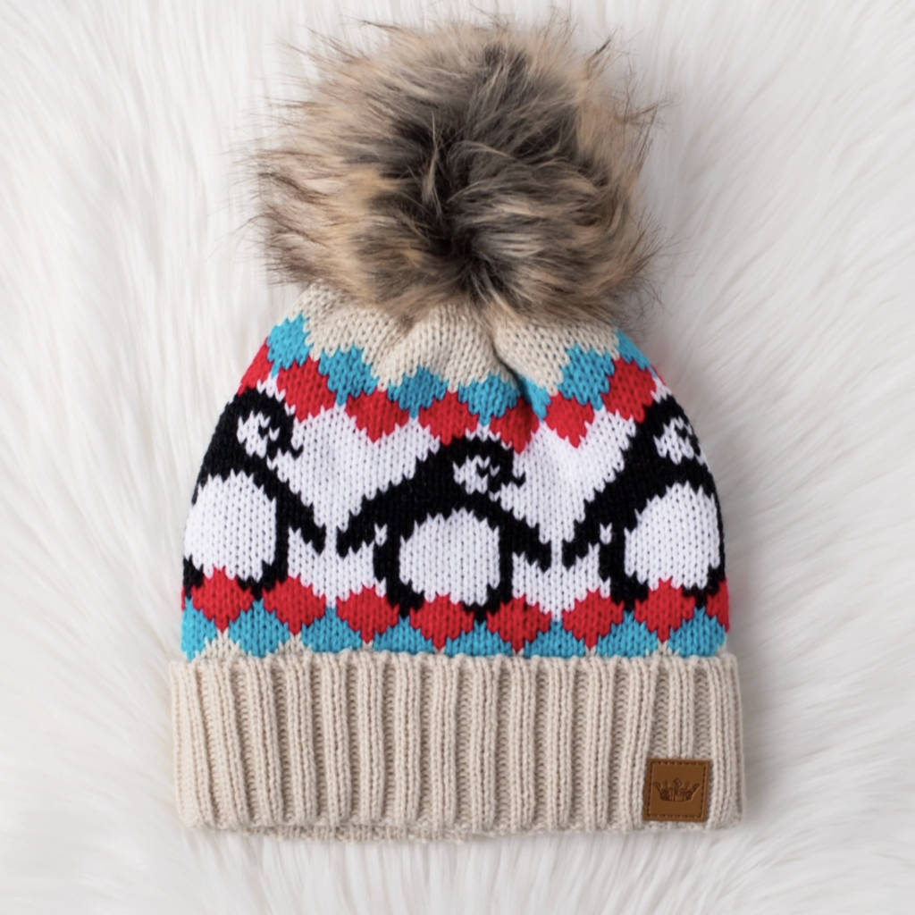 Panache (Faire) Beige & Red Penguin Patterned Pom Hat