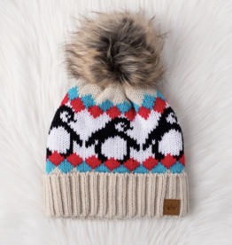 Panache (Faire) Beige & Red Penguin Patterned Pom Hat