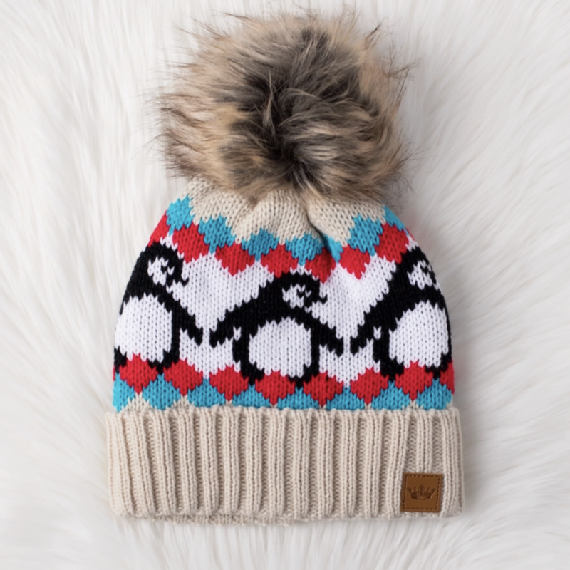 Panache (Faire) Beige & Red Penguin Patterned Pom Hat