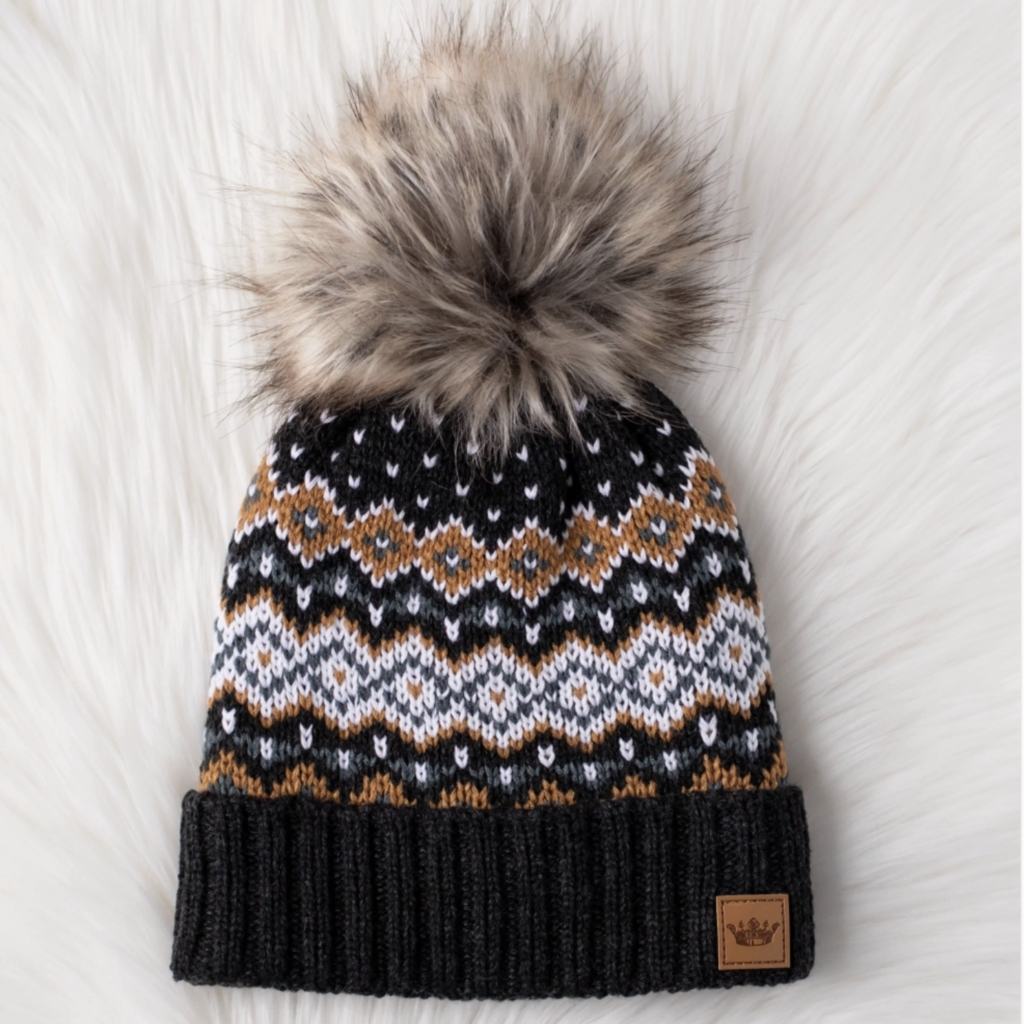 Panache (Faire) Dk. Gray, White, Mustard & Blue Patterned Pom Hat