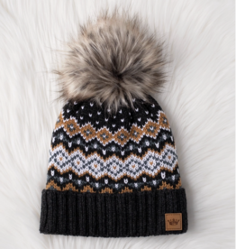 Panache (Faire) Dk. Gray, White, Mustard & Blue Patterned Pom Hat