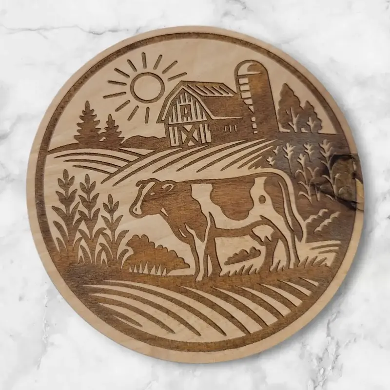 Ellie Joe Design Co. Wood Magnet - Rustic Cow & Barn Round