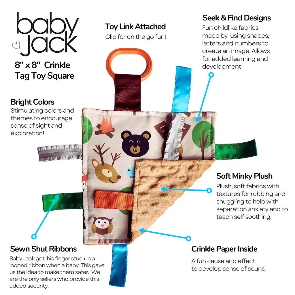 Baby Jack & Co. Forest Woodland Baby Crinkle Tag Square 8"x 8" Toy