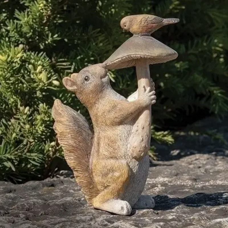 ROMAN Squirrel with Mushroom Woodtone Garden Statue