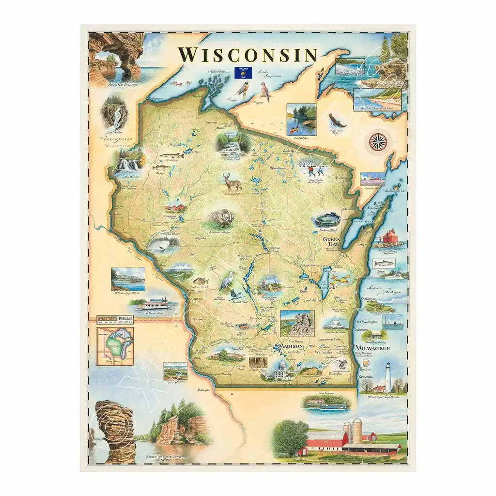 XPLORER MAPS Wisconsin State Hand-Drawn Map - 18x24