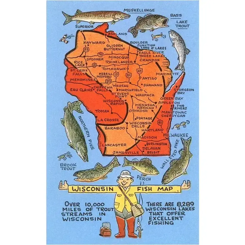 Found Image Press Postcard - Wisconsin Fish Map WI-298
