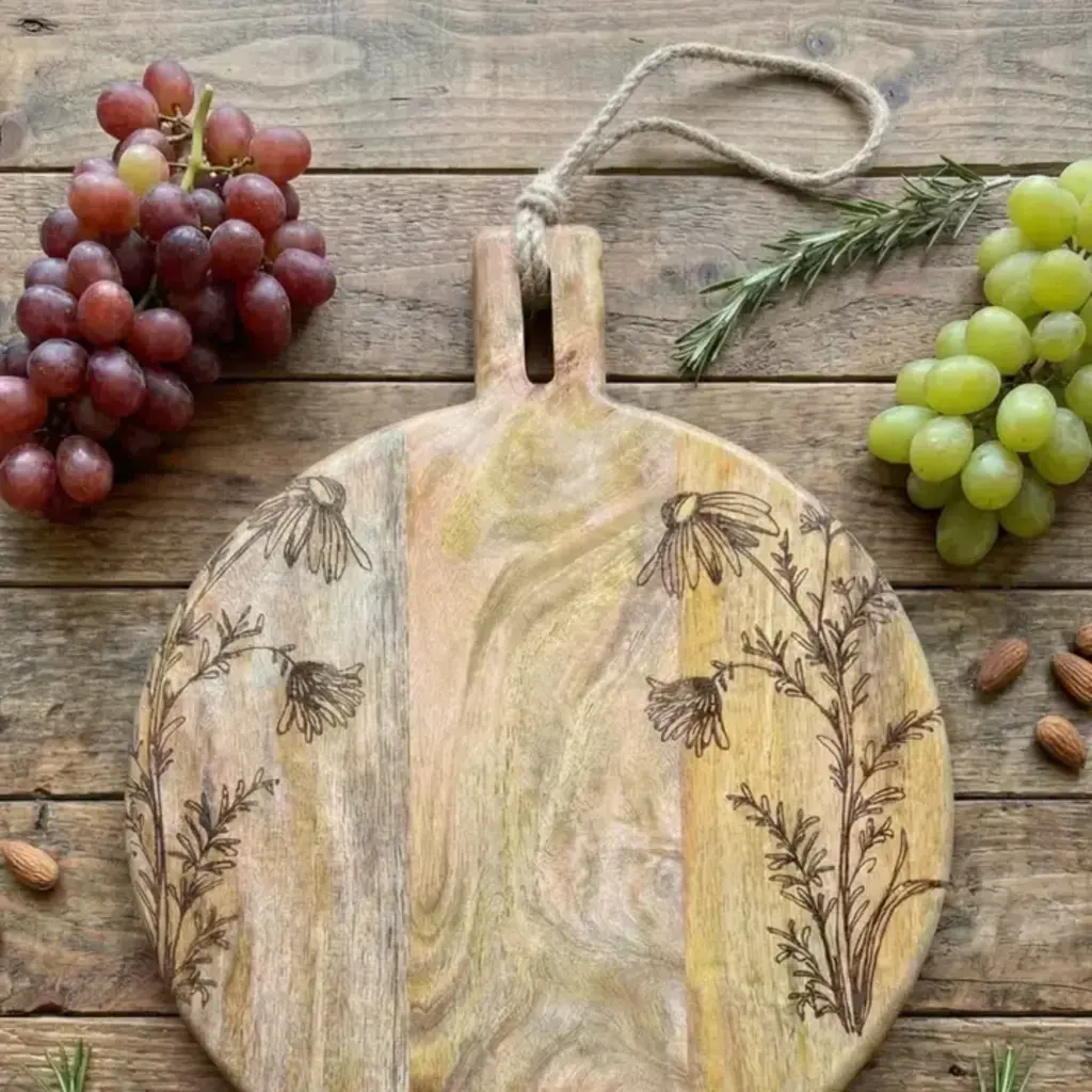 House of Wren 11" Daisy Engraved Round Mango Wood Cutting Board