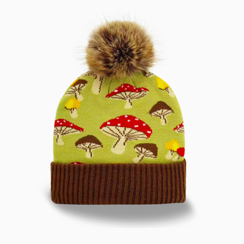Northern Icons Creations Knit Pom Beanie – Green Retro Mushroom Hat